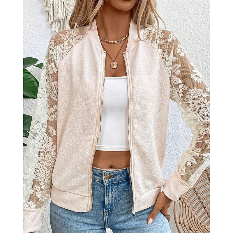 Women's Jacket Casual Jacket Comfortable Breathable Lace Zipper Pocket Fashion Modern Casual Floral Going out Weekend Zipper Regular Stand Collar Regular Fit Long Sleeve Outerwear Black White Spring