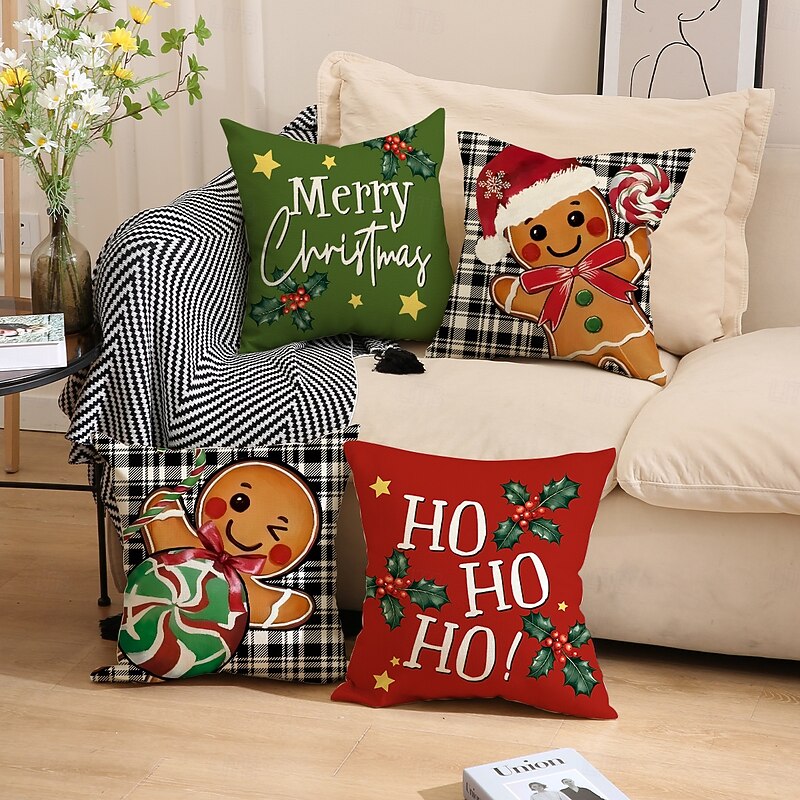 2025 New Gingerbread Man Christmas Pillow Covers, Linen Printed Decorative Cushions, Festive Holiday Throw Pillows for Sofa & Home Decor3