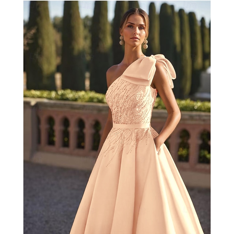 A-Line Evening Gown Elegant Dress Formal Wedding Floor Length Sleeveless One Shoulder Satin with Glitter Bow(s) Beading3
