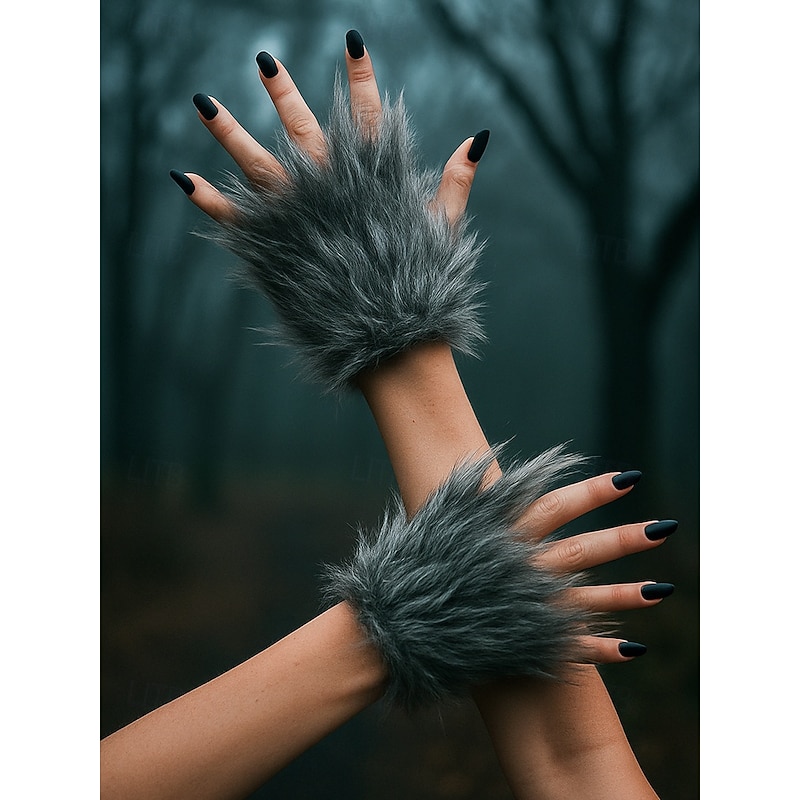Women's Furry Werewolf Paw Gloves – Halloween Costume Cosplay Accessories, Fluffy Monster Claw Mittens for Party and Dress Up3