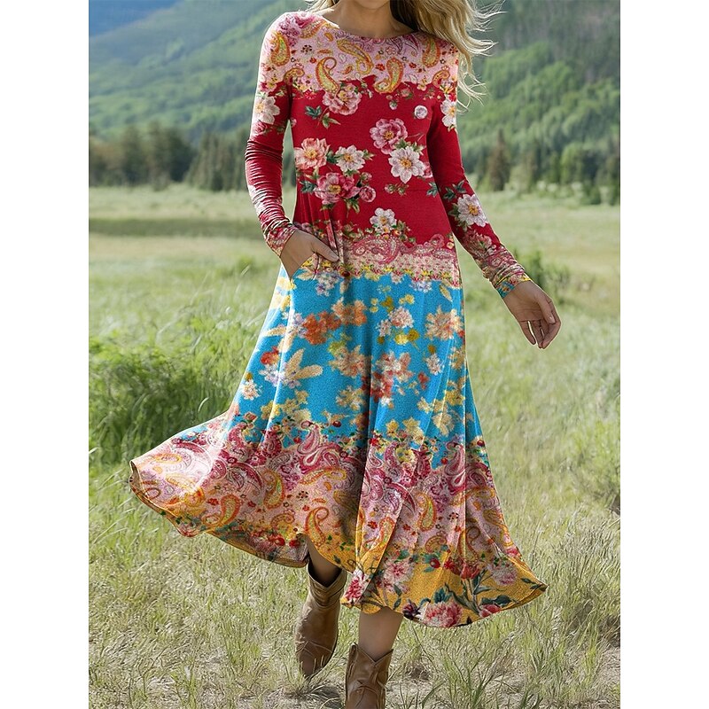 Women's Midi Dress A Line Dress Fit And Flare Dress Vacation Casual Daily Regular Fit Floral Graphic Long Sleeve Crew Neck Pink Red Orange Rainbow Spring Fall Winter