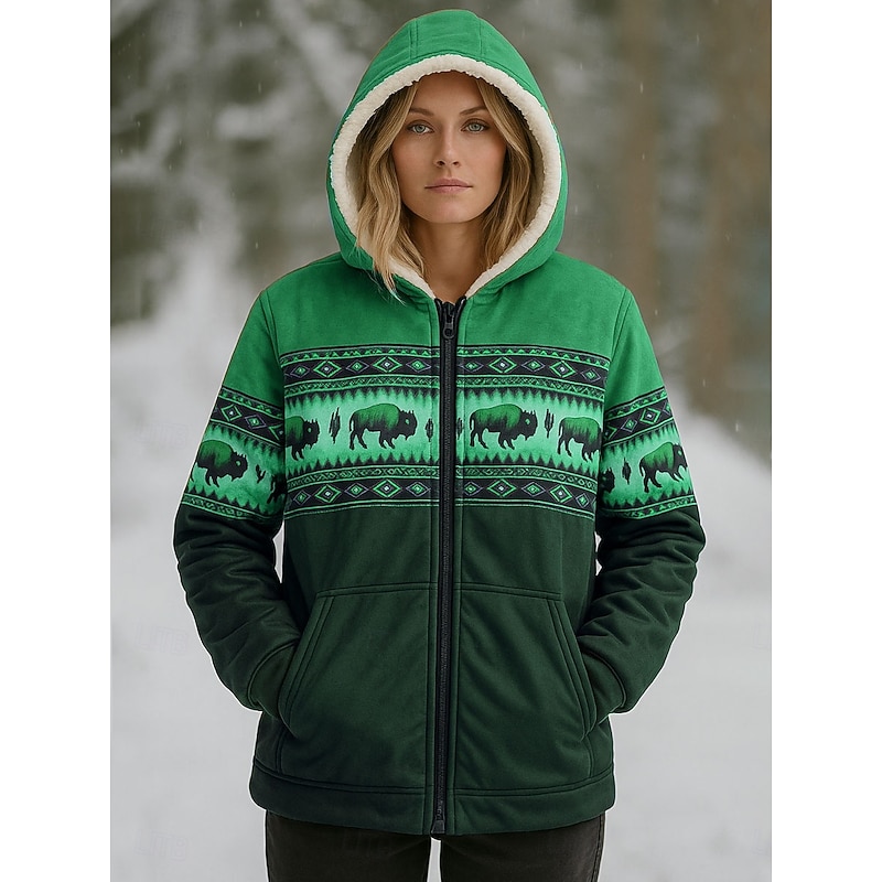 Women's Winter Coat Warm Zipper Pocket Print Fashion Casual Animal Street Casual Regular Hooded Regular Fit Long Sleeve Outerwear Blue Purple Green Spring Fall3