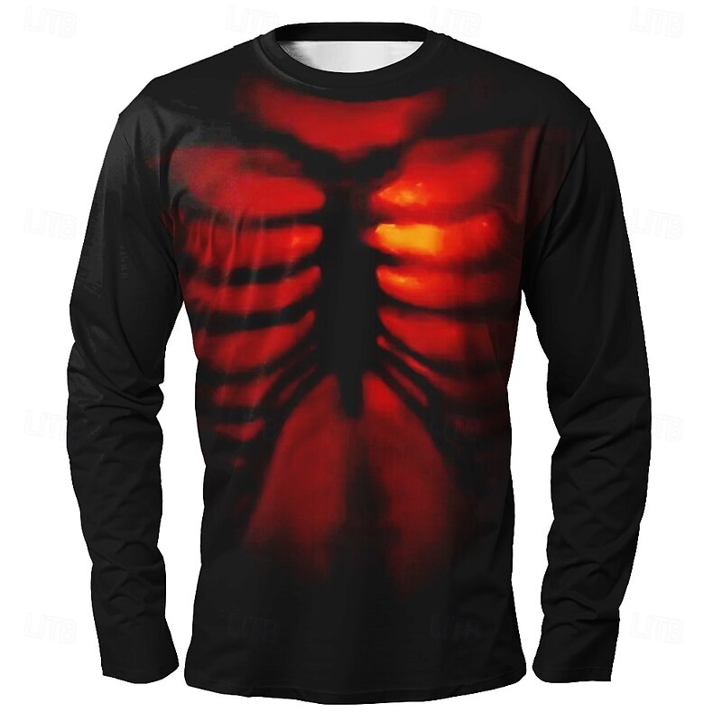 Halloween Men's 3D Flame Skeleton T Shirt Long Sleeve T shirt 3D Print Crew Neck Shirt Fashion Exaggerated Street Casual Daily Red Blue Green Summer Spring Fall Clothing Apparel S M L XL XXL XXXL