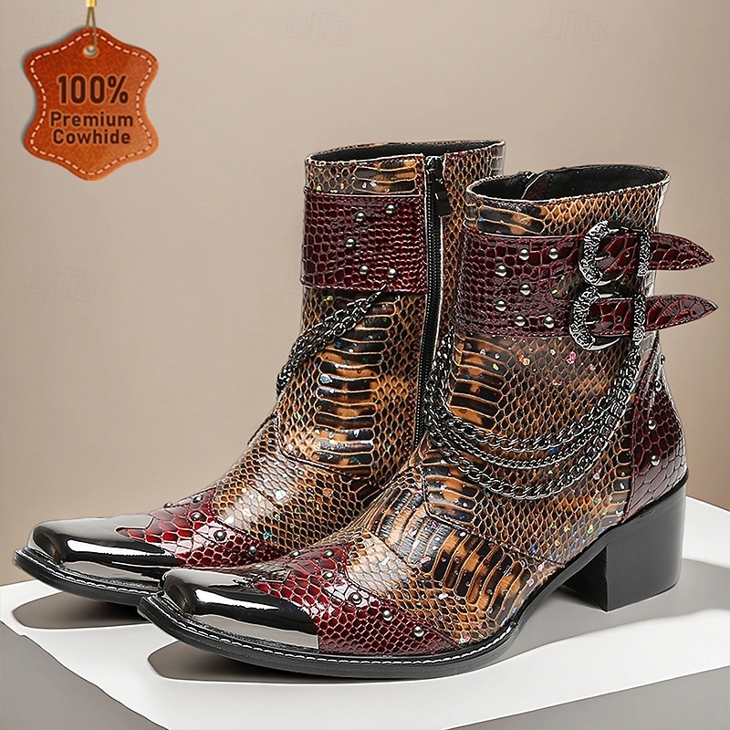 Men's Genuine Leather Snake Print Ankle Boots with Buckle Strap – Vintage Western Style Cowboy Boots for Stage, Parties and Fashion Shows