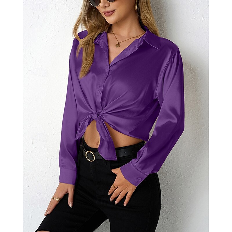 Women's Shirt Elegant Dressy Satin Solid Color Stylish Casual Long Sleeve Shirt Collar Regular Tops Daily Going out Buttons Light Green Blue Sky Blue Camel Purple Spring Fall2