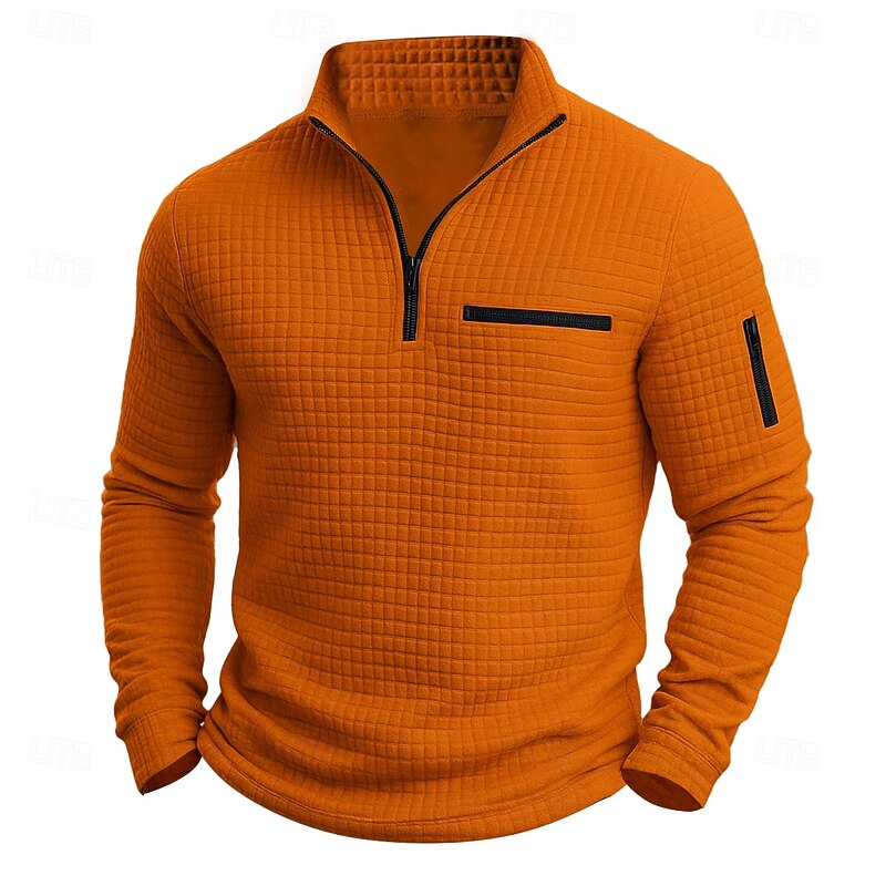 Men's Waffle Polo Shirts Casual Turndown Long Sleeve Fashion Comfortable Solid Color Zip Up Pocket Fall Spring &  Fall Regular Fit Black White Navy Blue Orange Waffle Polo Shirts