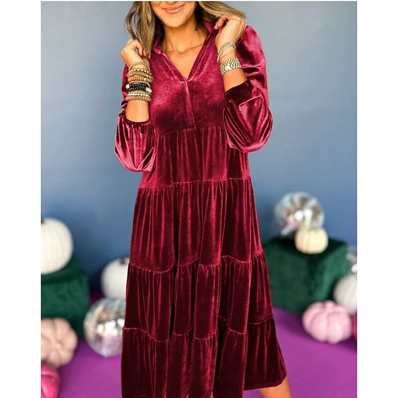 Women's Midi Dress Velvet Dress Cocktail Dress Elegant Fashion Modern Outdoor Party Party Evening Wear Regular Fit Plain Long Sleeve V Neck Black Yellow Wine Blue Spring Autumn4