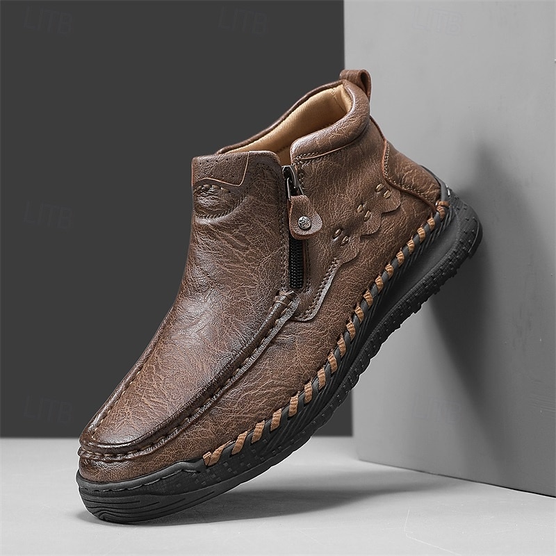 Men's Brown Casual Moccasin Shoes with Side Zipper, Hand-Stitched Non-Slip Sole, Comfortable Everyday Footwear for Work, Driving and Weekend Outings3