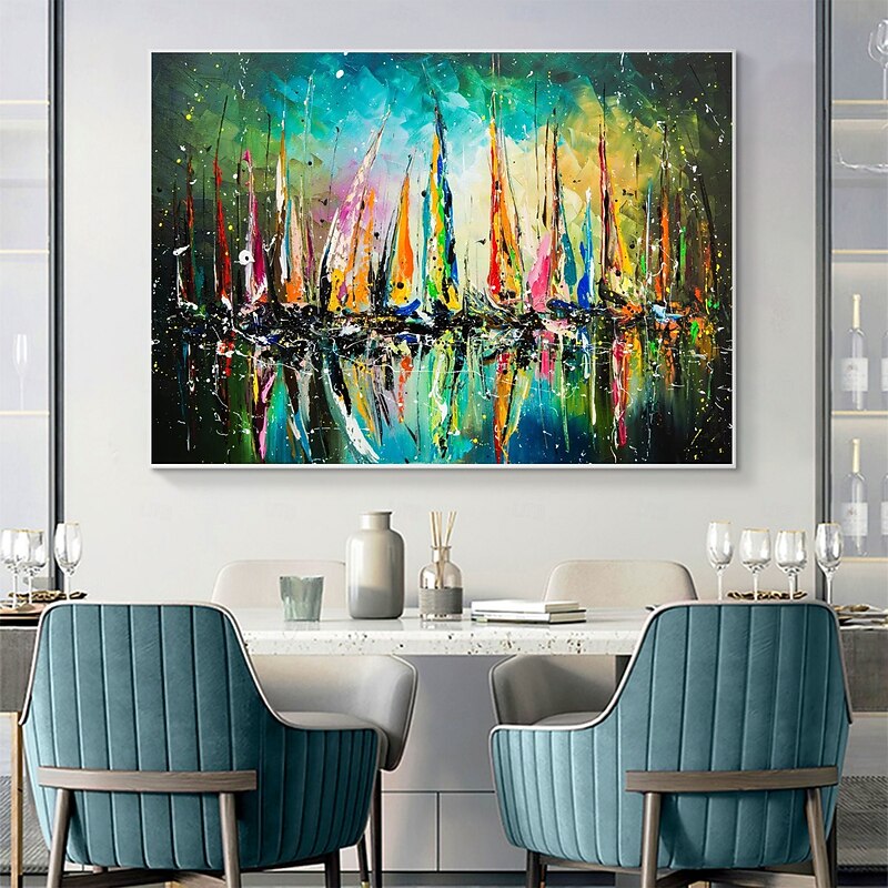 Original Painting On Canvas, Abstract Colorful Sailboat Oil Painting, Seascape Painting, Large Wall Art,Living Room Wall Decor,Wall Hangings4