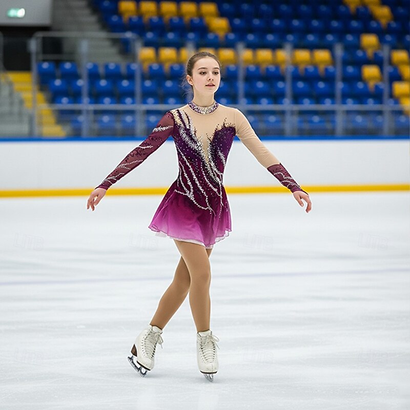 Figure Skating Dress Women's Girls' Ice Skating Dress Burgundy Dark Green Patchwork Thumbhole Mesh High Elasticity Training Competition Skating Wear Classic Long Sleeve Ice Skating Figure Skating