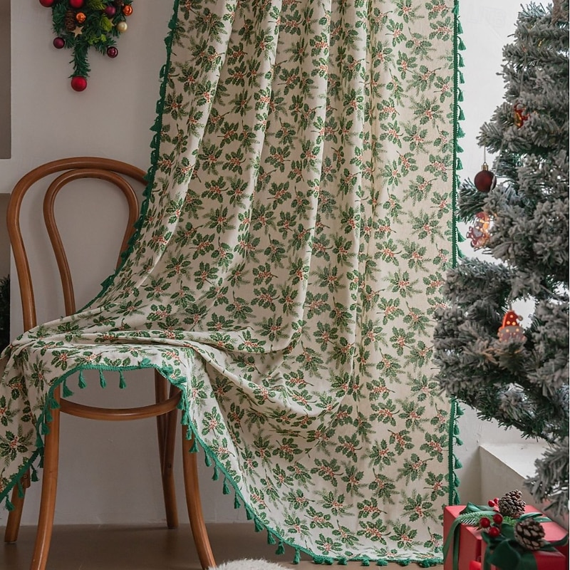 Green Christmas Foil Holly Leaf Curtain, Semi-Blackout Rod Pocket Window Drapes for Kitchen, Bay Window, and Balcony