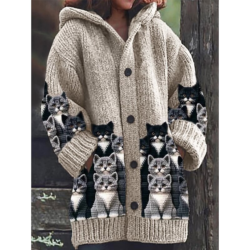 Women's Sweater Cardigan Casual Soft Animal Ribbed Hooded Pocket Buttons Knitted Long Sleeve Long Tops Knit Outdoor Daily Weekend Pink Blue Fall Winter