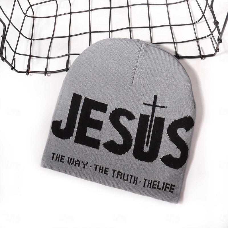 Men's Unisex Beanie Hat Winter Hats Beanies Skull Cap Knit Hat Black Grey Yellow Acrylic Fibers Jacquard Knitted Cozy Halloween Daily Wear Festival Letter Cross Jesus Warm3