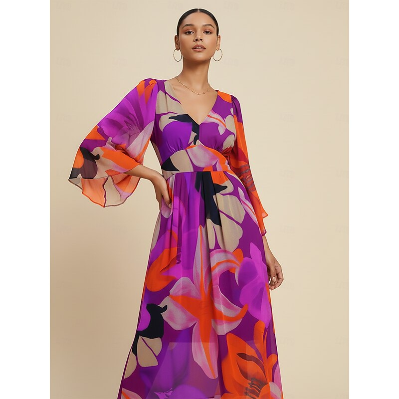 Women's Chiffon Abstract Floral Print Maxi Dress Sheer Flowing Fabric Casual Vacation Beach Resort Spring Summer Fall3