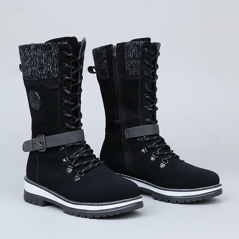 Women's Winter Lace-Up Snow Boots with Knit Cuff – Warm Waterproof Outdoor Combat Boots with Side Zipper and Anti-Slip Sole for Cold Weather and Hiking3