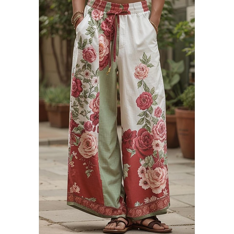 Women's Culottes Wide Leg Wide Leg Vacation Vintage Ethnic Style Full Length High Waist Floral Graphic Quick Dry Breathability Soft Inelastic Formal Outdoor Vacation Pink Red Blue Green Fall2