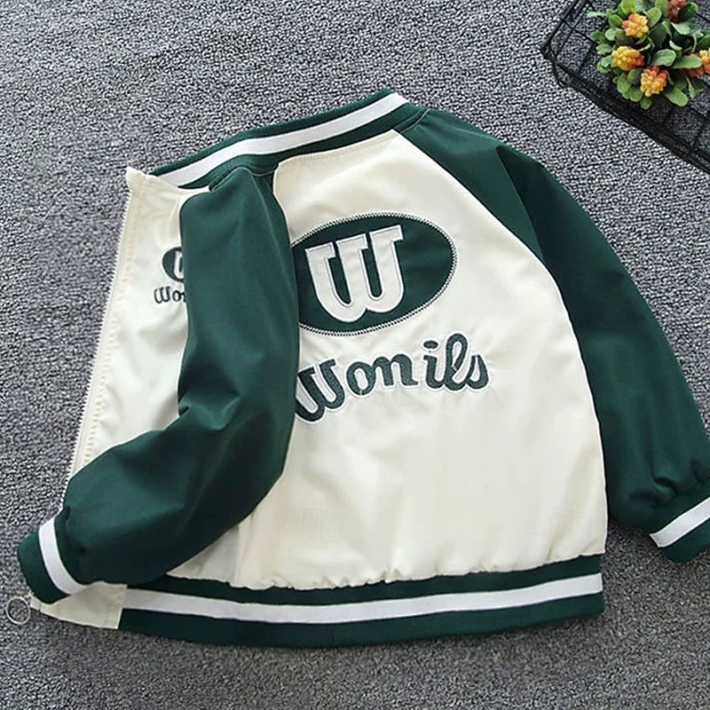 Kids Unisex Baseball Jackets Outerwear Color Block Long Sleeve Zipper Pocket Lightweight Comfort Soft Coat Outdoor Fashion Daily Blue Green Spring Fall 4 years+