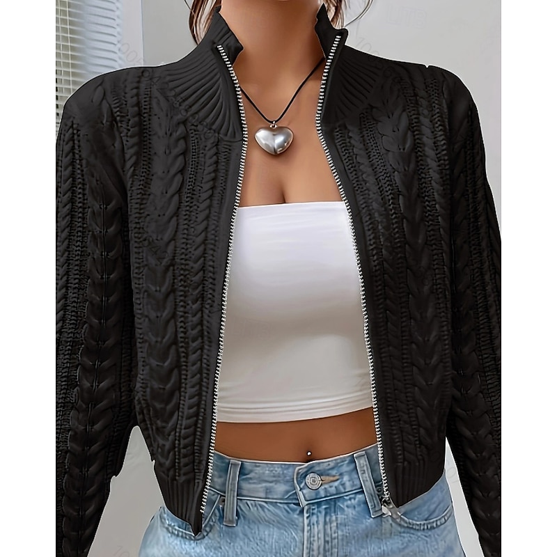 Women's Sweater Cardigan Streetwear Casual Solid Color Cable Stand Collar Zipper Knitted Long Sleeve Regular Tops Knit Daily Going out Weekend Wine Red Black Fall Winter