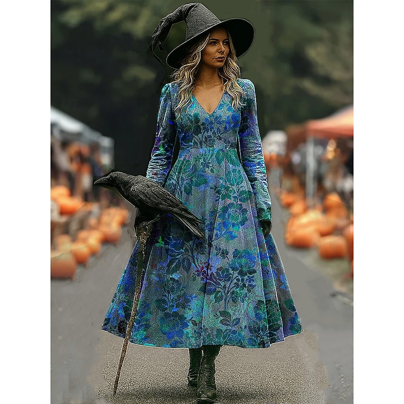 Halloween Women's Witch Print Maxi Dress A Line Dress Vacation Casual Boho Beach Regular Fit Floral Graphic Long Sleeve V Neck Red Blue Purple Orange Spring Fall3