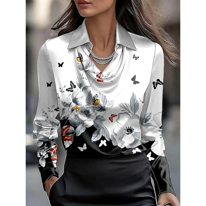 Women's Shirt Floral Graphic Elegant Stylish Casual Long Sleeve Cowl Neck Regular Tops Work Party Evening Wear Daily Ruched Draped Red Blue Purple Green Gray Summer Fall