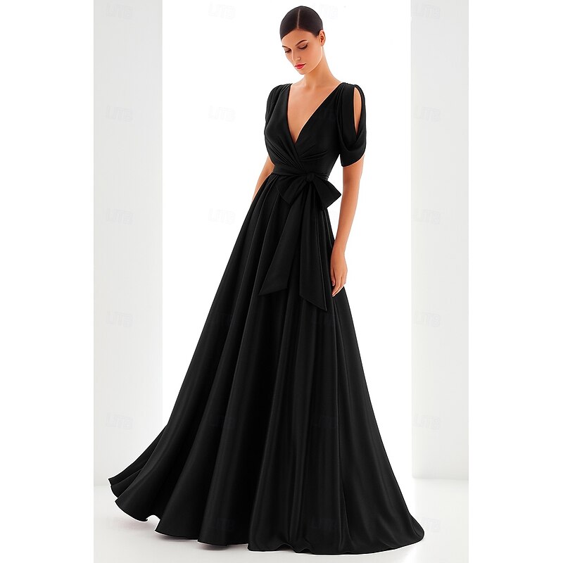 Red Black A-Line Evening Gown Elegant Formal Dress Formal Wedding Floor Length Long Sleeve V Neck Satin with Bow(s) Pleats 20254