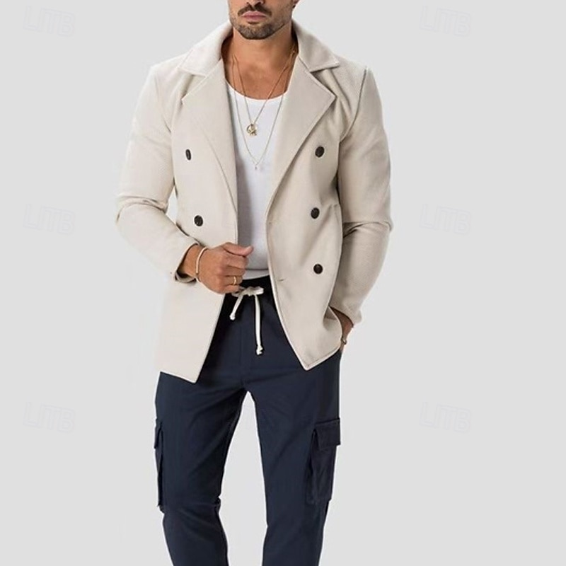 Men's Peacoat Trench Coat Vacation Daily Fall Winter Polyester Windproof Wearable Outerwear Clothing Apparel Fashion Classic Plain Pocket Lapel Double Breasted2