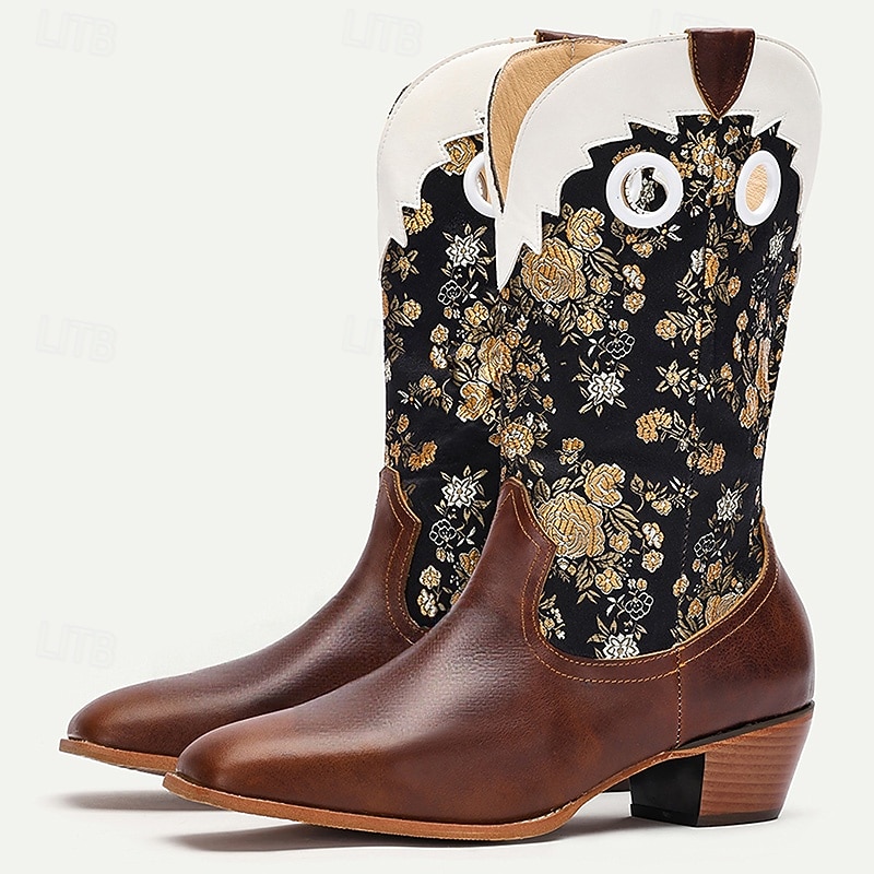 Men's Cowboy Boots with Golden Floral Embroidery – Classic Western Style Mid-Calf Pull-On Shoes for Rodeo, Country Concerts and Outdoor Events4