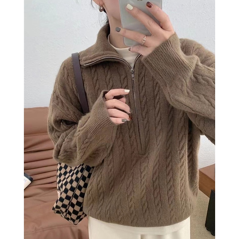 Women's Sweater Streetwear Casual Solid Color Ribbed Half Zip Knitted Long Sleeve Regular Tops Knit Outdoor Daily Weekend Coffee Fall Winter3