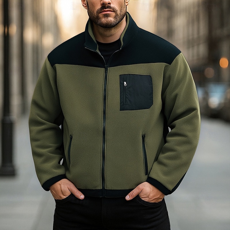 Men's Sweatshirt Fleece Sweatshirt Full Zip Sweatshirt White Army Green Standing Collar Color Block Patchwork Zipper Sports & Outdoor Daily Holiday Polyester Streetwear Basic Casual Fall Winter