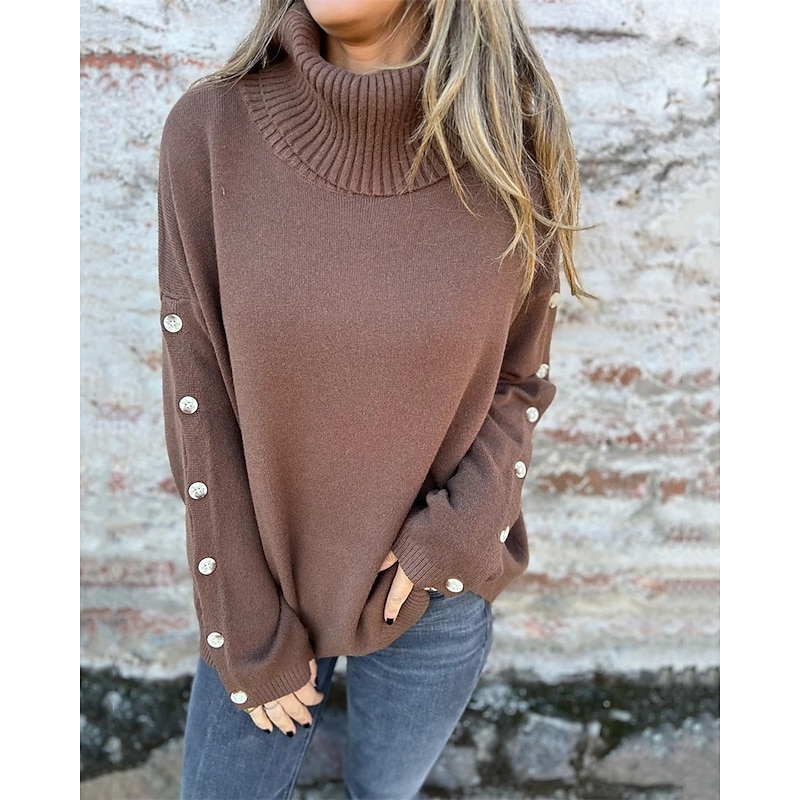 Women's Sweater Fashion Streetwear Casual Pure Color Ribbed Turtleneck Buttons Knitted Long Sleeve Regular Tops Knit Outdoor Daily Weekend Brown Fall Winter