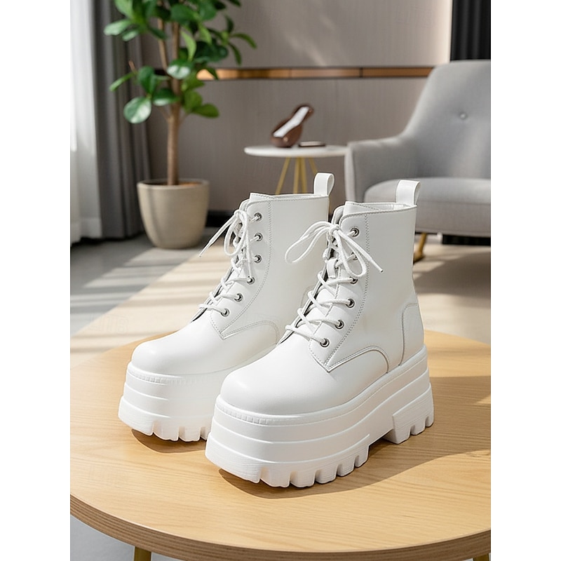 Women's White Platform Lace-Up Ankle Boots with Height Increasing Sole -Trendy Chunky Heel Fashion Boots for Casual and Streetwear