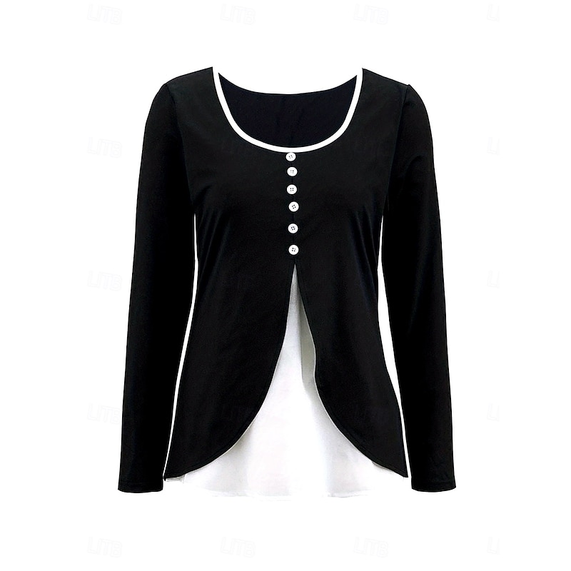 Women's T Shirt Solid Color Color Block Plain Vintage Stylish Classic Long Sleeve Crew Neck Regular Tops Daily Buttons Print Tiered Black and White Spring Fall Winter2