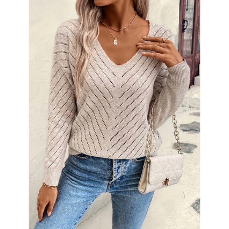 Women's Sweater Casual Soft Pure Color Ribbed V Neck Knitted Long Sleeve Regular Tops Knit Outdoor Daily Weekend Khaki Fall Winter3