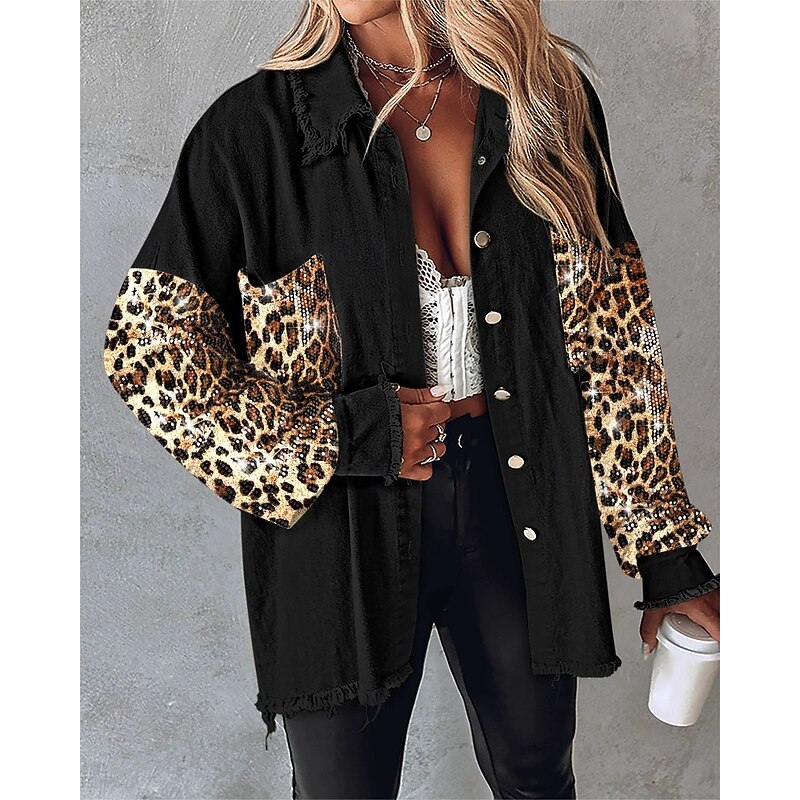 Women's Casual Jacket Comfortable Breathable Pocket Color Block Buttons Casual Leopard Vacation Street Casual Daily Wear Single Breasted Regular Turndown Loose Fit Long Sleeve Outerwear Black Spring