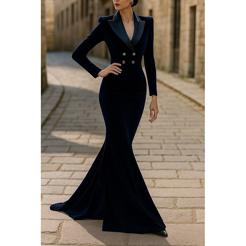 Tuxedo Dress Mermaid / Trumpet Mermaid Formal Velvet Elegant Long Sleeve Floor Length Lapel Double Breasted4