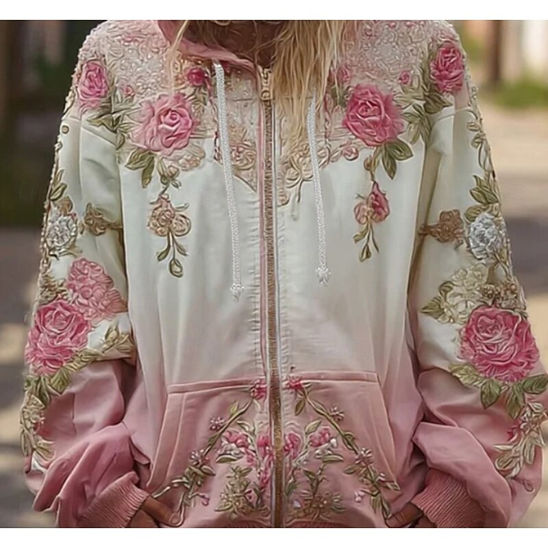 Women's 3D Print Vintage Boho Hoodie Patchwork Hoodie Sweatshirt Floral Zip Up s Floral Graphic Fashion Casual Long Sleeve Hooded  Street Dailywear Patchwork Zipper Pocket Light Pink Spring Fall2