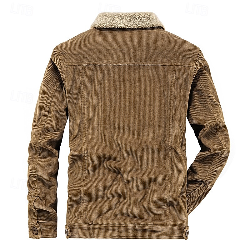 Men's Corduroy Jacket Fleece Jacket Formal Home Thermal Warm Pocket Plain Fall Winter Solid Color Active Neutral Shirt Collar Regular Black Khaki Dark Gray Coffee Jacket3