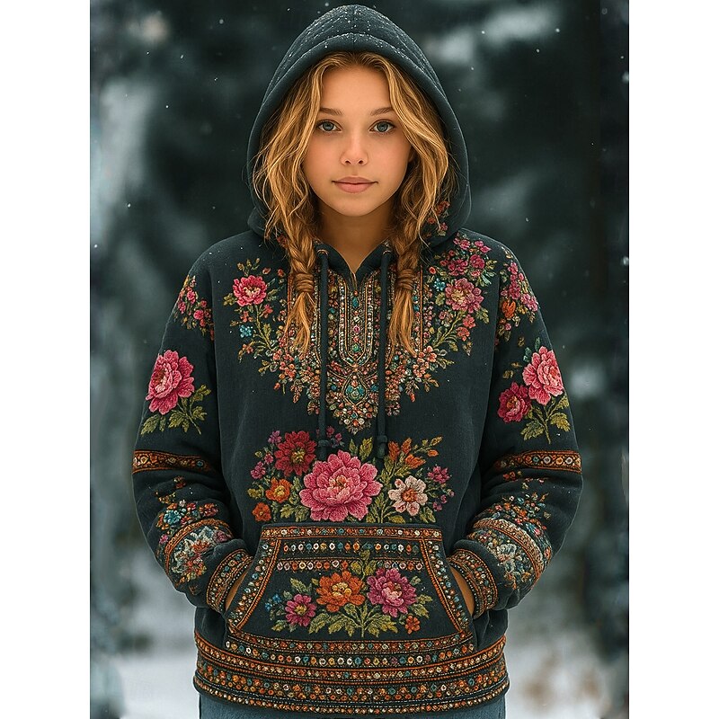 Vintage Viking Women's Pullover Hoodie Sweatshirt Floral Graphic Warm Vintage Casual Long Sleeve Hooded Regular Tops Street Casual Patchwork Print Front Pocket Black Spring Fall Winter