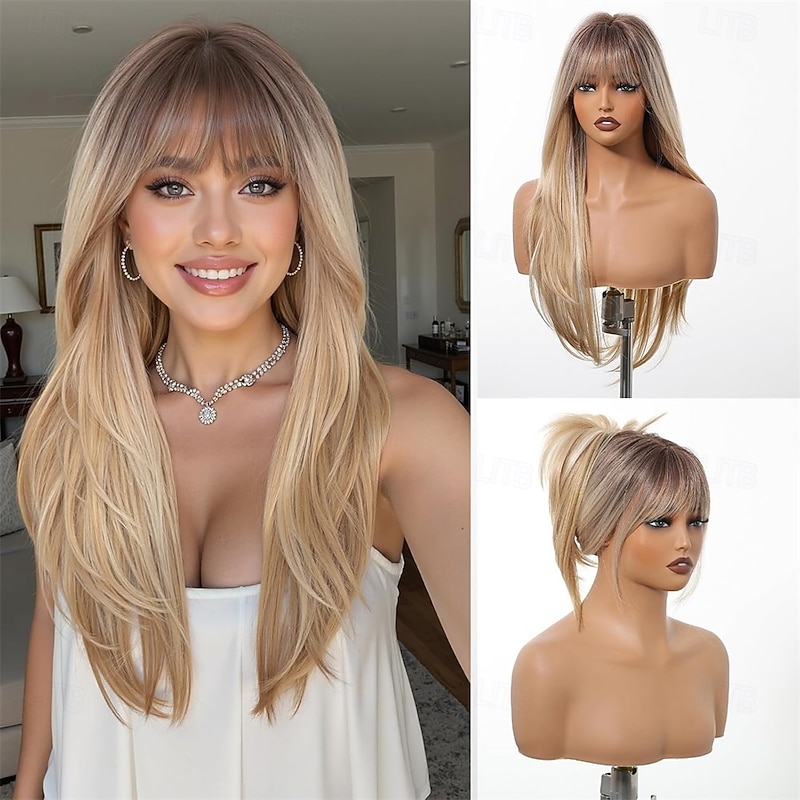 Long Blonde Straight Wigs With Bangs Long Ombre Blonde Synthetic Layered Wigs for Women Daily Use 26IN