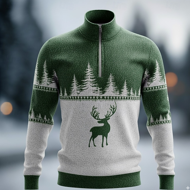 Christmas Men's Elk Polo Long Sleeve Standing Collar Athleisure Vacation Casual Daily Festival 3D Print Spring Fall Winter Black Green Red2