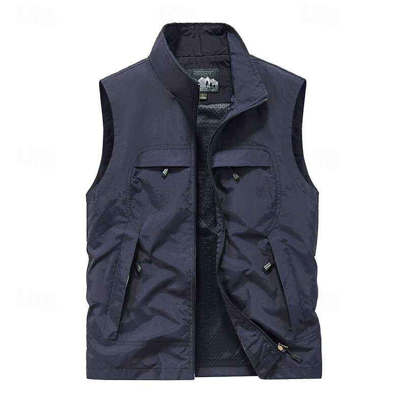 Men's Outdoor Vest Vest Fishing Vest Outdoor Daily Fashion Casual Spring Fall Pocket Nylon Comfortable Plain Zipper Standing Collar Regular Fit Black Khaki Army Green Dark Blue Vest2