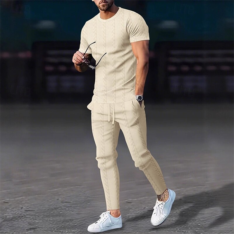 Men's T-shirt Suits Shirt and Pant Sets 2 Pieces Outfits Short Sleeve Crewneck Summer Spring Plain Fashion Casual Jacquard 2 Piece Vacation Daily Wear Going out Black White Khaki Top Tee for Men4