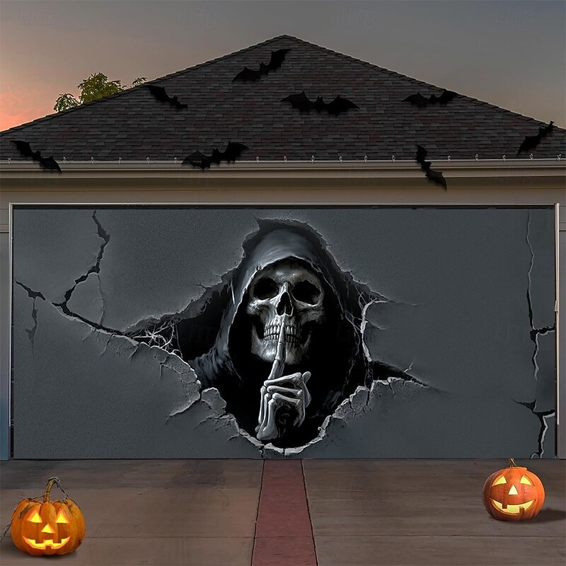 Halloween Garage Door Cover Scary Scarecrow Castle Banner Haunted House Horror Scene Spooky Backdrop Tapestry for Outdoor Wall Fence Yard Halloween Party Decoration3