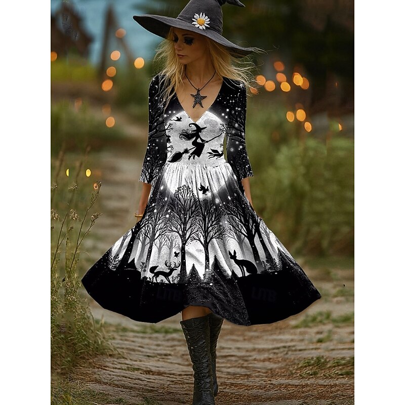 Halloween Women's Witch Print Midi Dress A Line Dress Vacation Casual Party Regular Fit Graphic Hocus Pocus Long Sleeve V Neck Black Orange Spring Fall