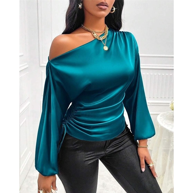 Women's Shirt Elegant Dressy Satin Plain Elegant Stylish Basic Long Sleeve Cold Shoulder Regular Tops Daily Going out Asymmetric Black Blue Brown Green Summer Spring Fall4