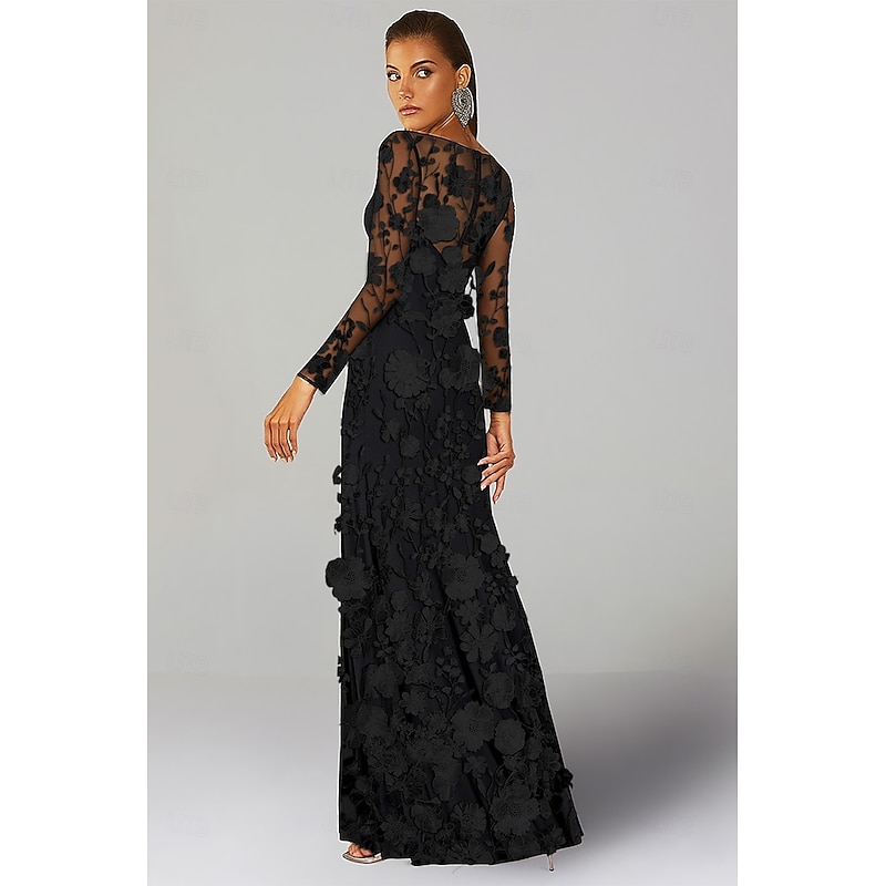 Black Floral Embroidered Applique Beach Wedding Guest Dresses Formal Semi-formal Sheath / Column Crew Neck Long Sleeve Floor Length Tulle Bridal Gowns 20252