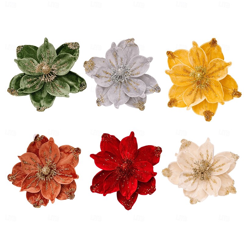 6 Pack Christmas Poinsettia Artificial Flowers Glitter Tree Ornament Holiday Decorations for Wreaths, Centerpieces, DIY Crafts, Party & Home Decor4