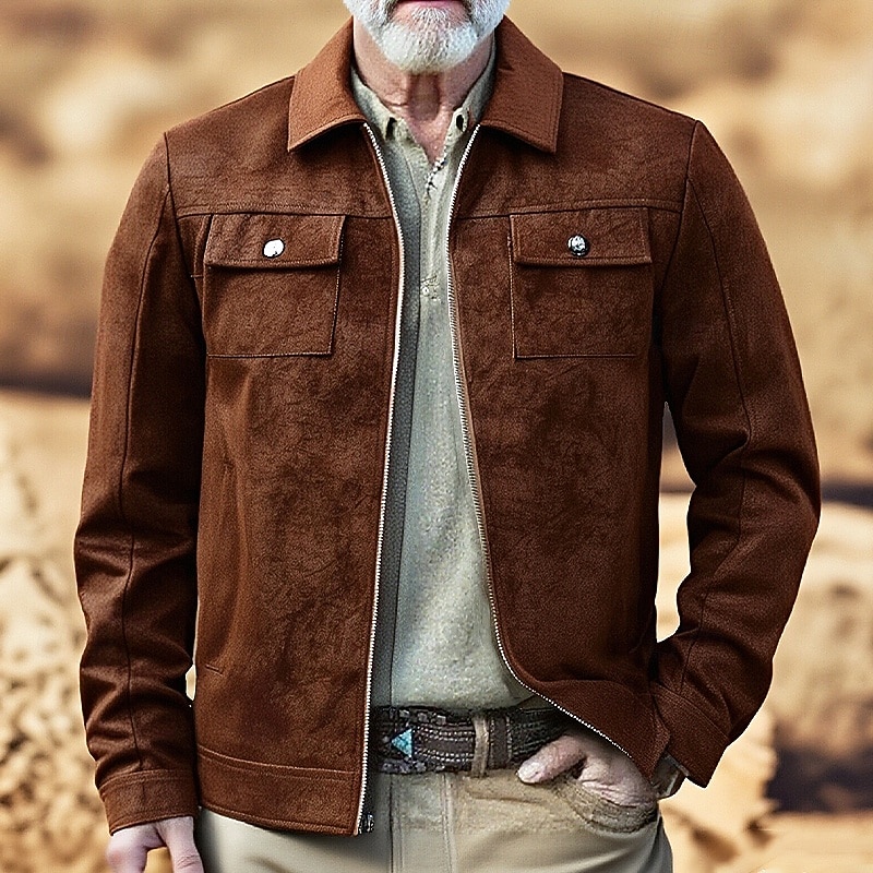 Men's Faux Suede Jacket Casual Jacket Vacation Daily Windproof Warm Pocket Spring Fall Plain Fashion Classic Lapel Regular Black Khaki Jacket