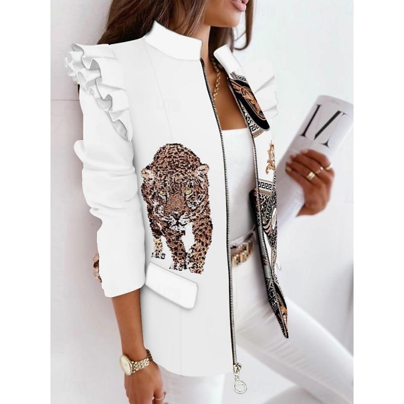 Women's Blazer Comfortable Breathable Zipper Print Casual Plaid Office Street Casual Daily Wear Zipper Regular Stand Collar Regular Fit Long Sleeve Outerwear White Yellow Pink Spring Fall4