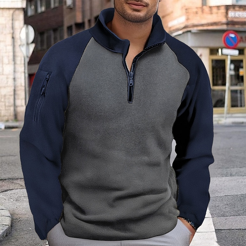 Men's Sweatshirt Fleece Sweatshirt Quarter Zip Sweatshirt Army Green Navy Blue Half Zip Color Block Patchwork Sports & Outdoor Daily Holiday Polyester Streetwear Basic Casual Fall Winter Clothing2